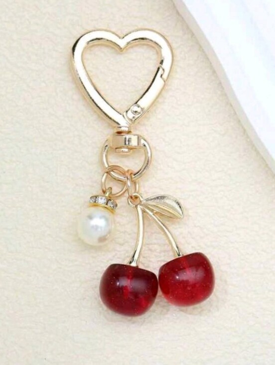 Jewelry - Gold-Tone Cherry Keychain Pendant with Red Cherry Charms and Pearl Accent